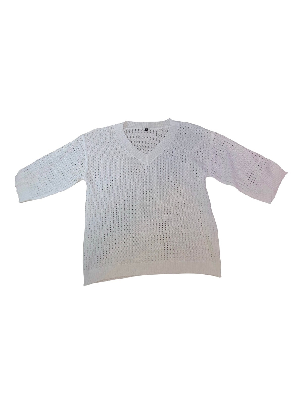 White Open Knit Crochet Sweater V-Neck Mesh Pullover - Size M Boho Coastal